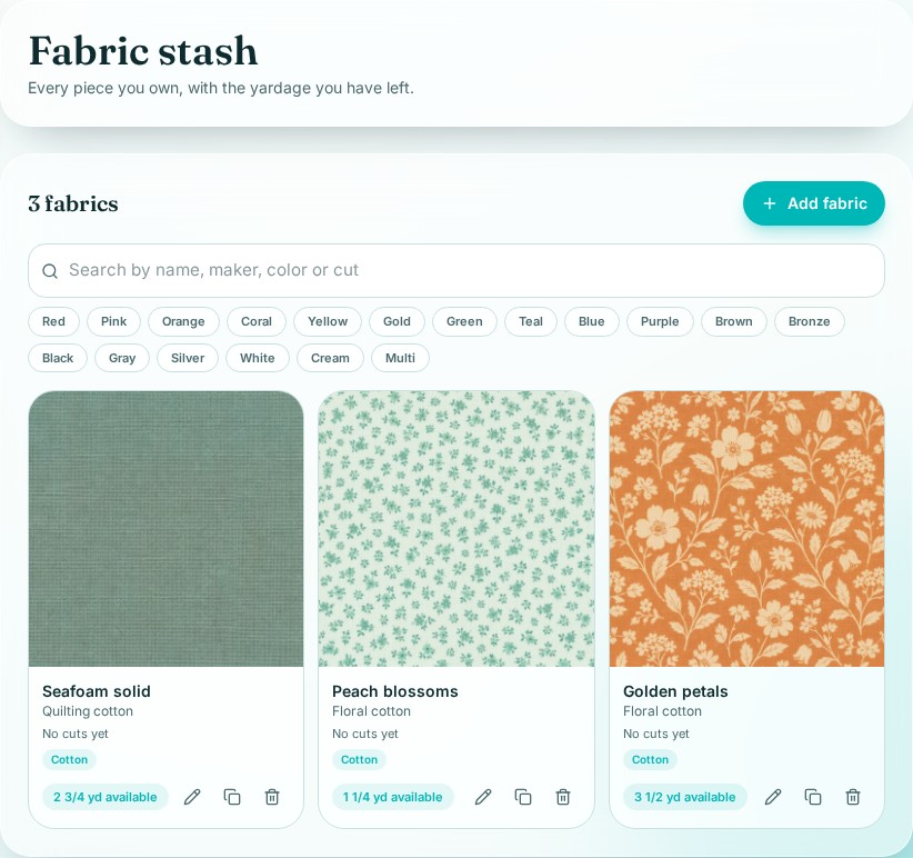 Sample fabric stash showing fabric photos and available fractional yardage