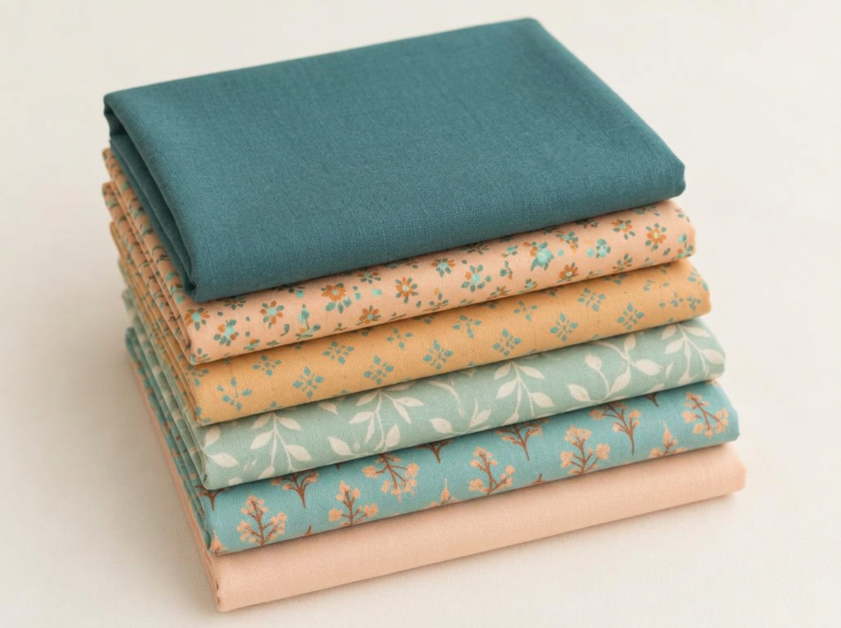 A neat stack of folded quilting cottons