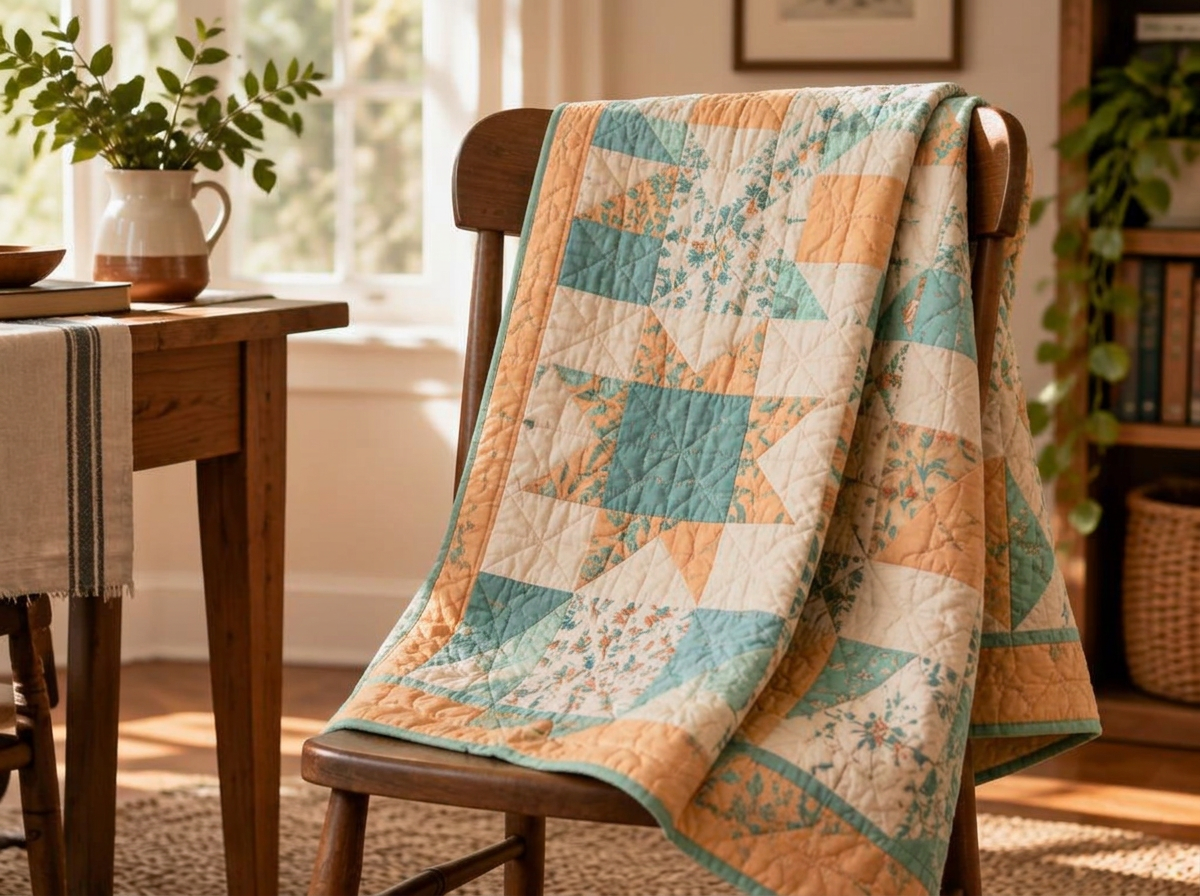 A finished patchwork quilt draped over a wooden chair