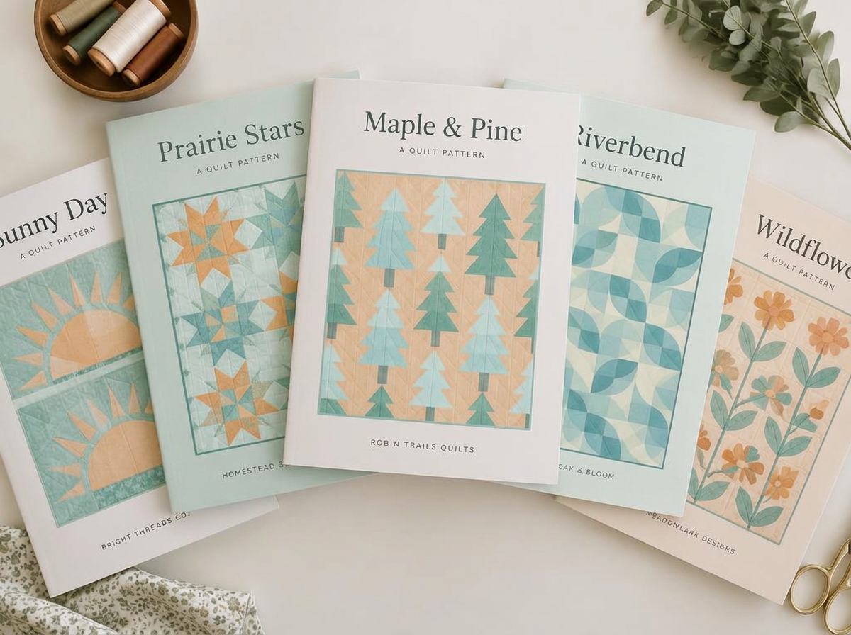 A fanned stack of quilt pattern booklets