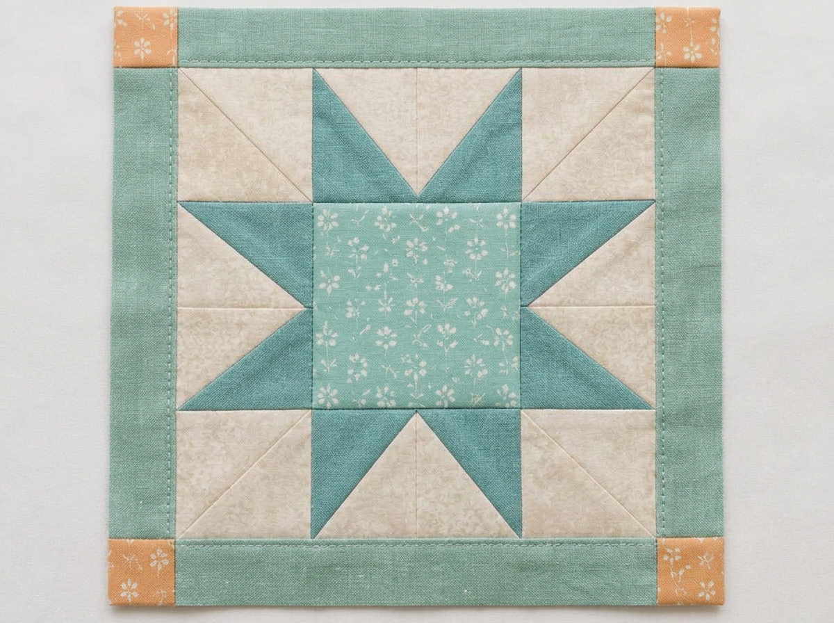 A finished sawtooth star quilt block with sashing and cornerstones