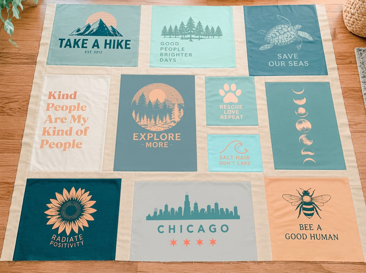 A t-shirt quilt top laid out with grey sashing between the shirt panels